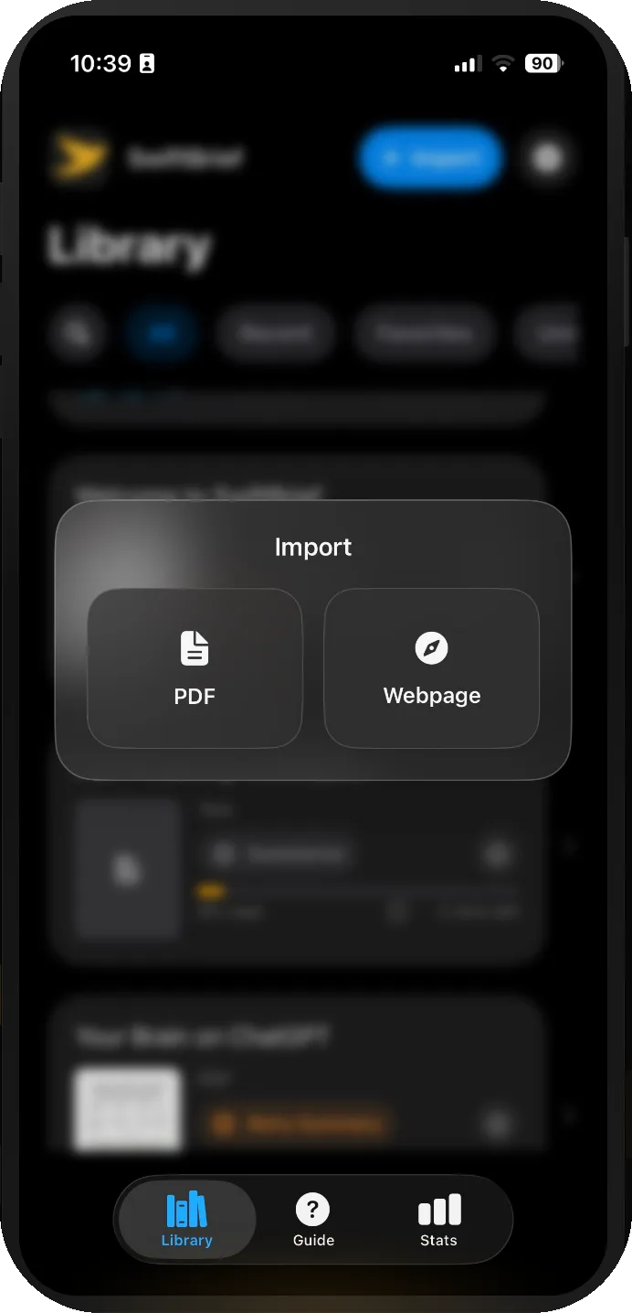 The Import sheet in SwiftBrief offering two choices: PDF and Webpage.