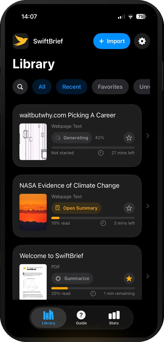 The SwiftBrief Library showing three items with progress bars, time remaining, and filters for All, Recent and Favourites.